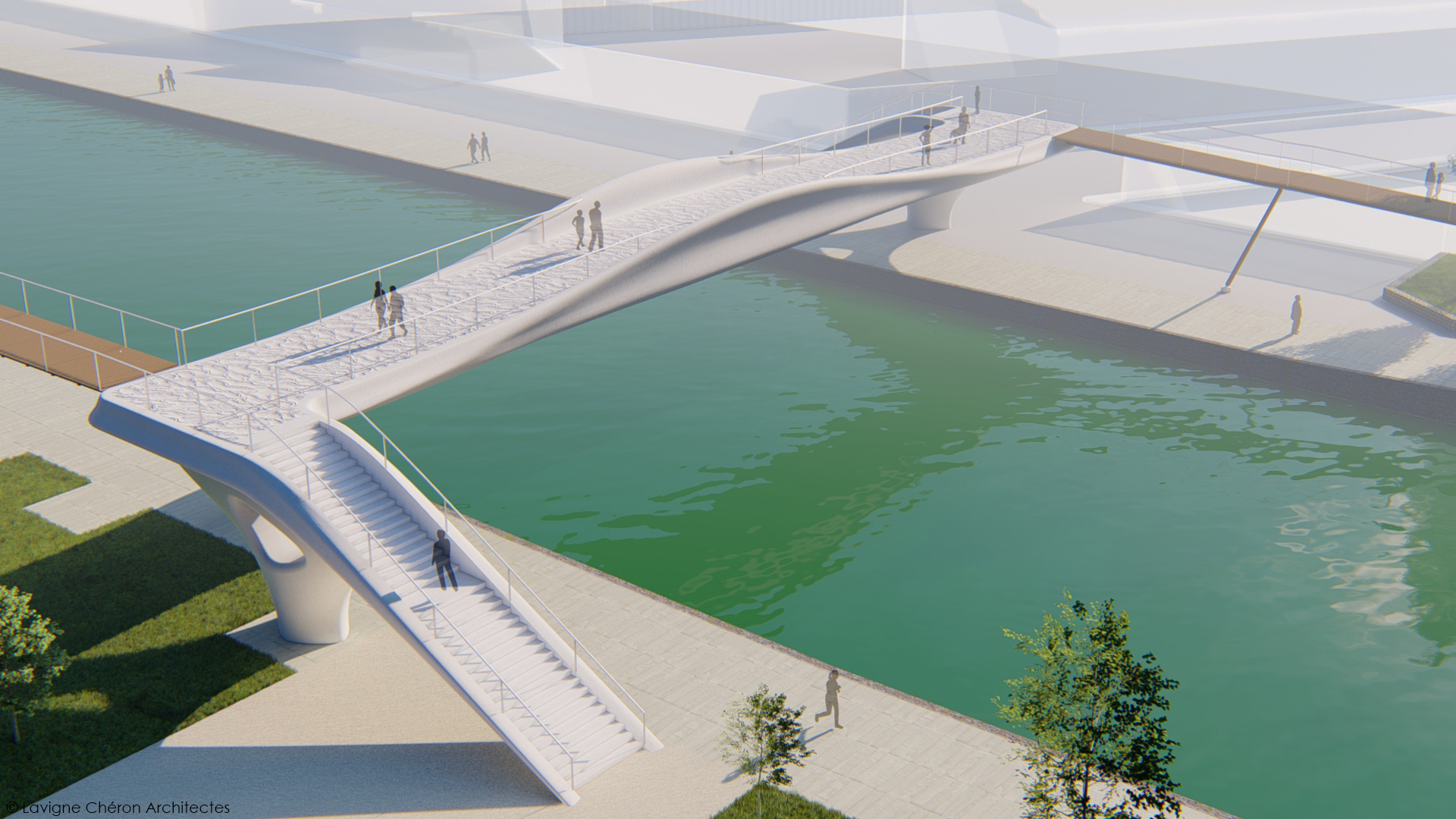 The deck of the footbridge will be completely constructed from 3D printed concrete. Image via XtreeE.
