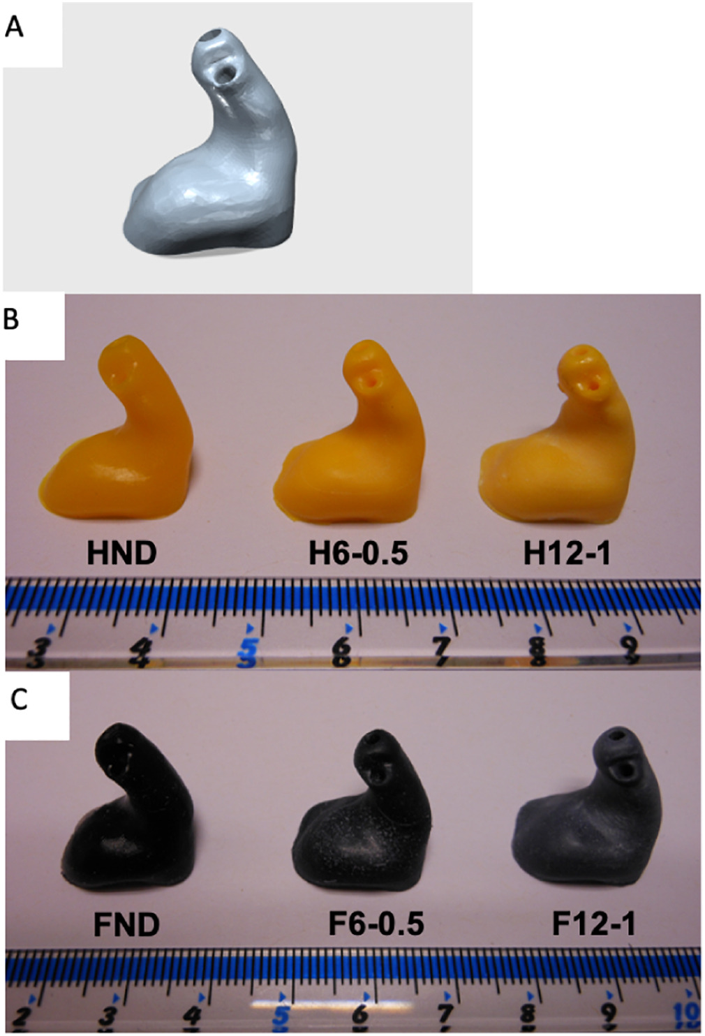 (A) 3D scan model of the hearing aid; DLP 3D printed hearing aids using (B) ENG hard resin and (C) Flexible resin. Image via ScienceDirect.