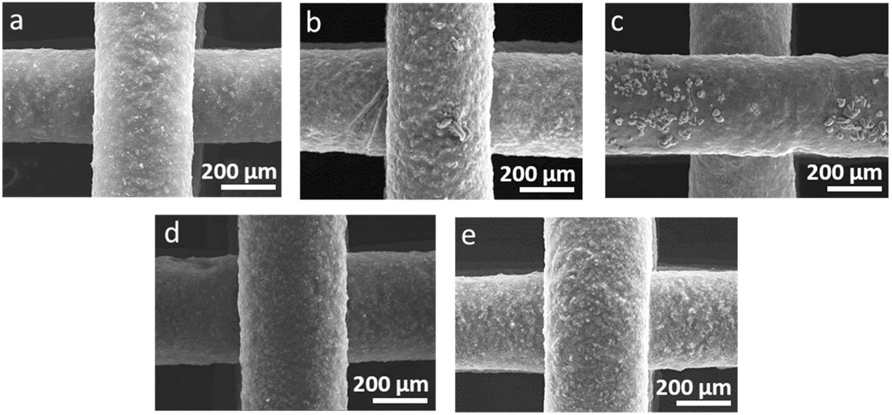Comparing scanning electron microscope (SEM) images of the different materials. (a) the original graphene oxide scaffold, (b-e) graphene oxide-silica structures. Image via Journal of the European Ceramic Society.