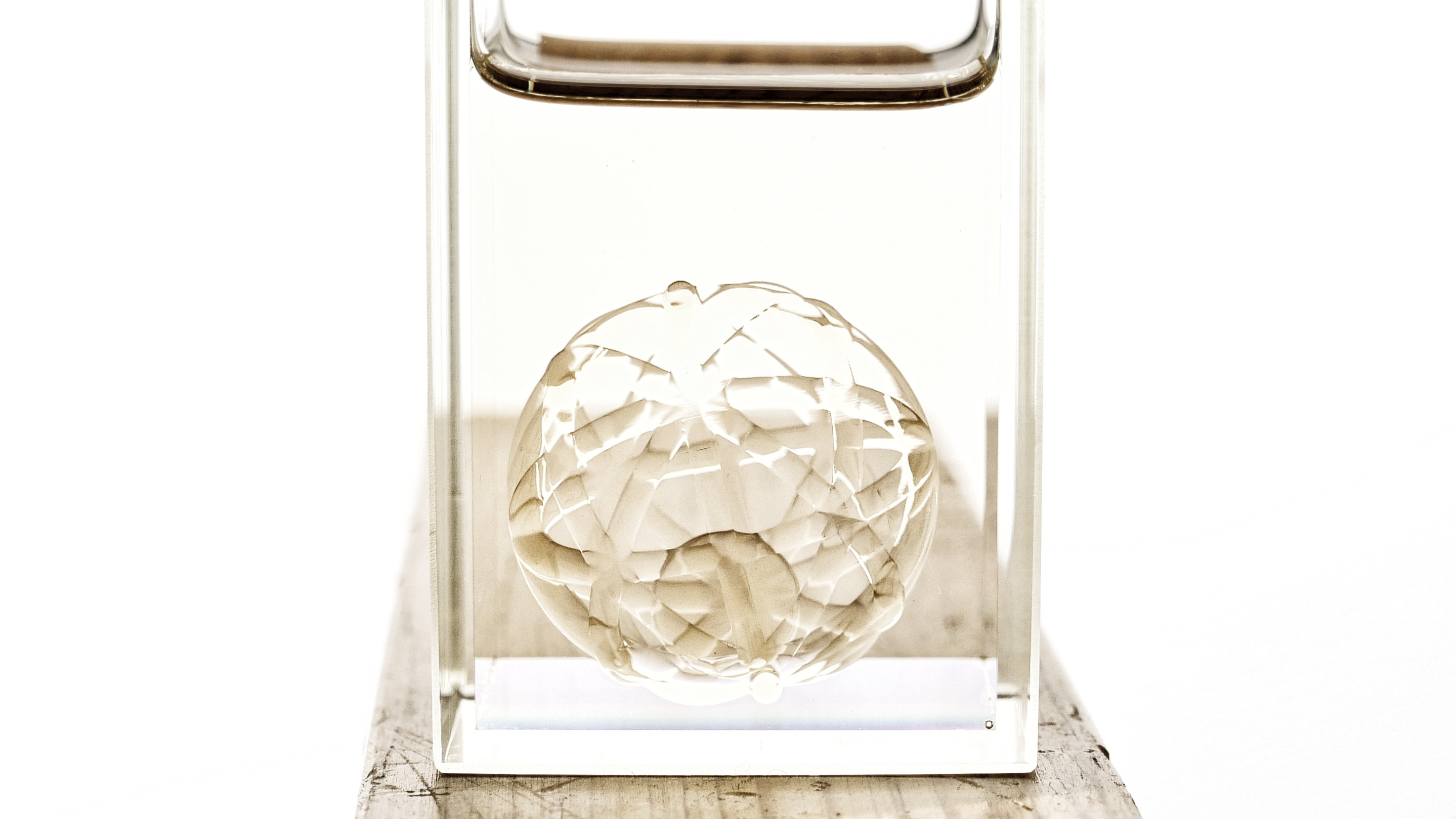 A ball in a cage 3D printed via xolography by the scientists. Image via Dirk Radzinski/xolo.
