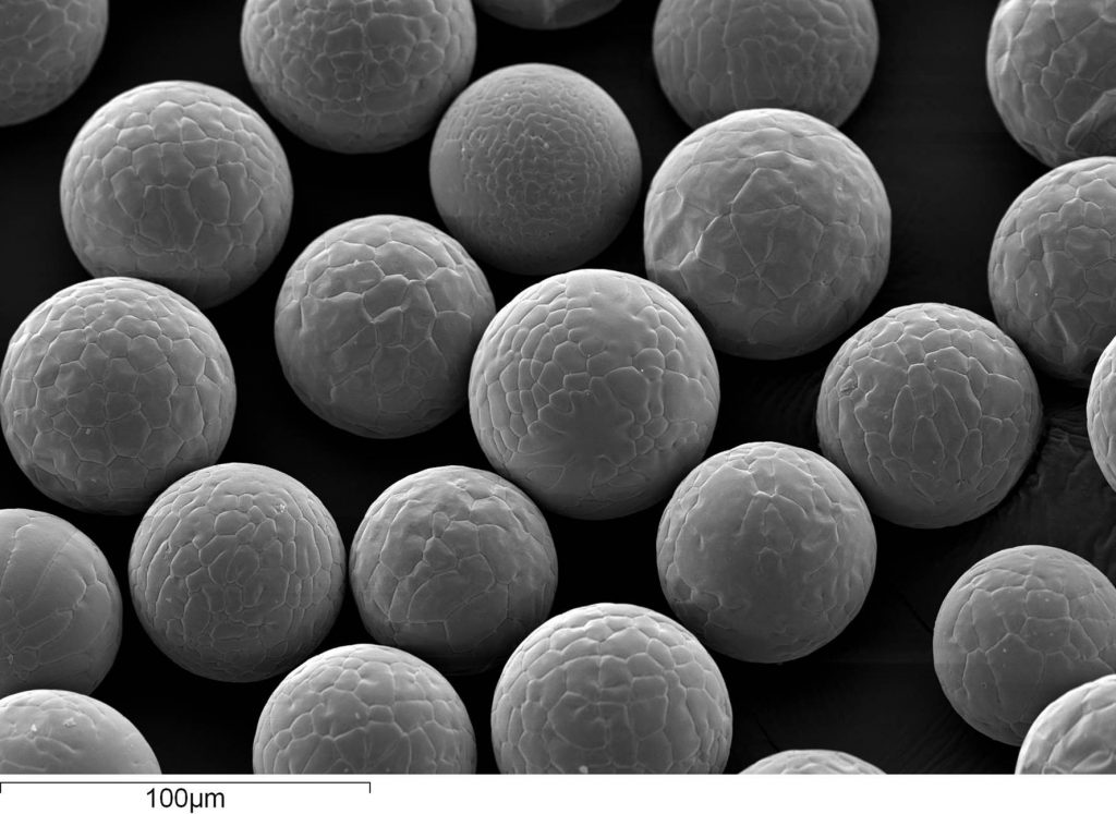 Extreme magnification of Equispheres aluminum alloy powders for additive manufacturing. Photo via Equispheres.