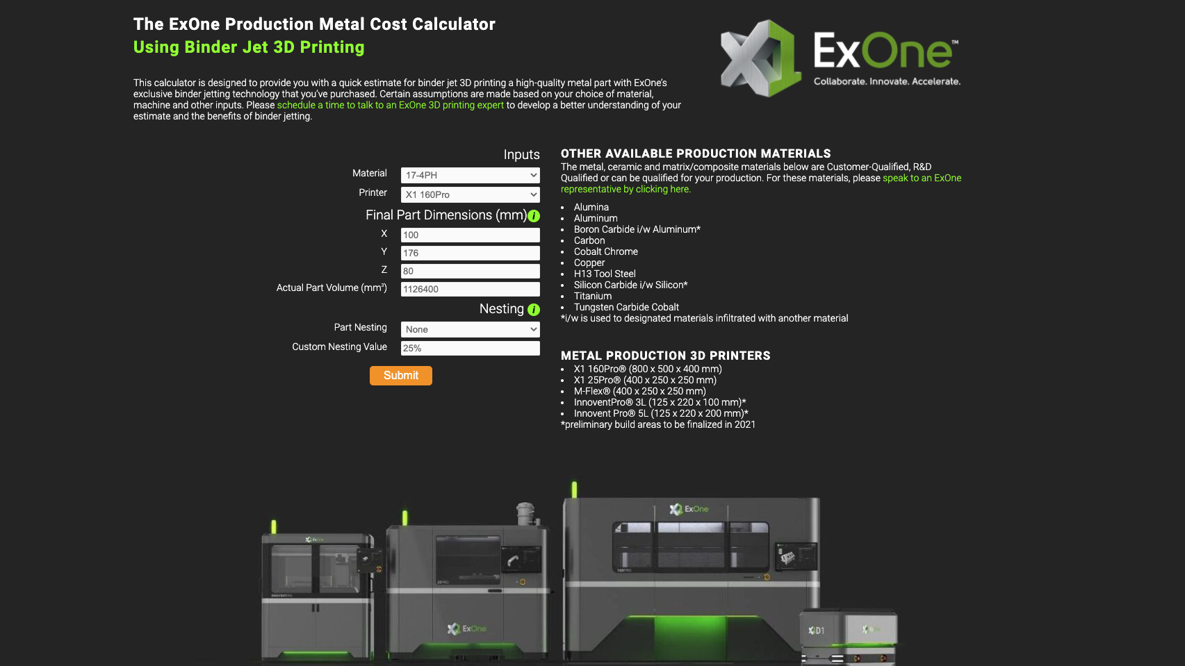 The ExOne Production Metal Cost Calculator. Image via ExOne.