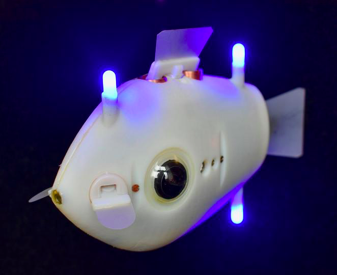The Harvard scientists’ fish-inspired bots feature cameras and blue LEDs that help them navigate underwater. Photo via the Self-organizing Systems Research Group.