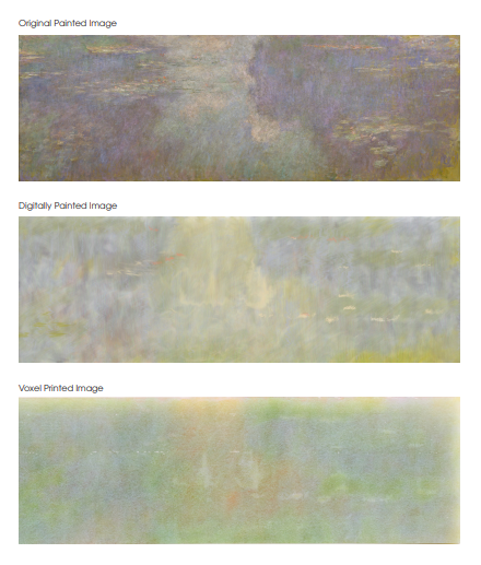 Comparison of the original painting, digital impression, and 3D printed replica of Monet's Waterlillies. Image via Joseph Coddington.