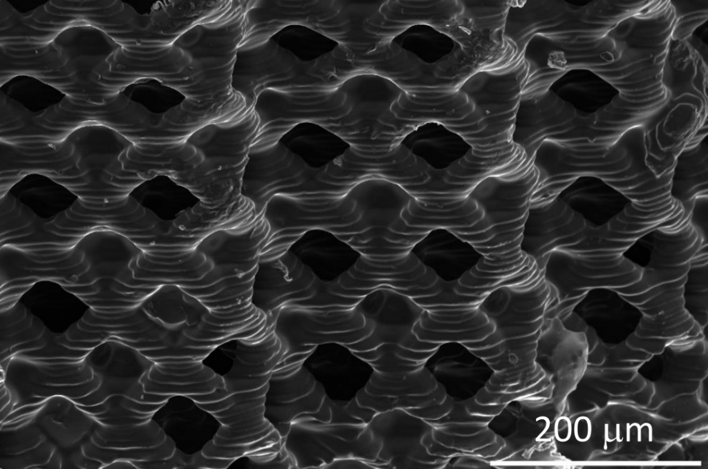 Close-up of the 3D printed carbon electrode layers. Image via Caltech.