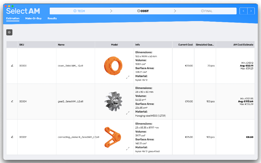 A screenshot of SelectAM's desktop application for use with a 3D printer