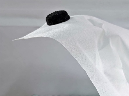The scientists' freeze dried ultra-light G-PDA-BSA aerogel on top of a Kim wipe.