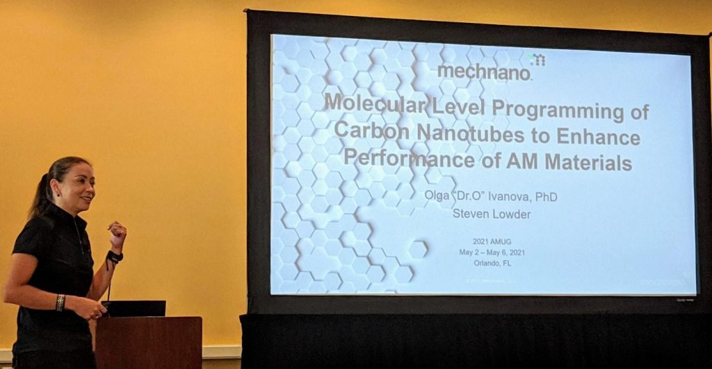Dr. Olga Ivanova (Dr.O) presenting at a technical session on carbon nanotube enhanced 3D printable materials. Photo by Dayton Horvath