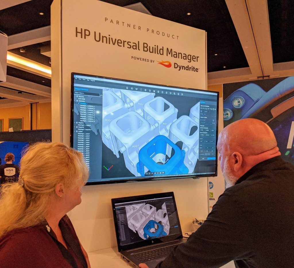 Rachael Dalton Taggart of Dyndrite looking on as the HP Universal Build Manager is demonstrated. Photo by Dayton Horvath
