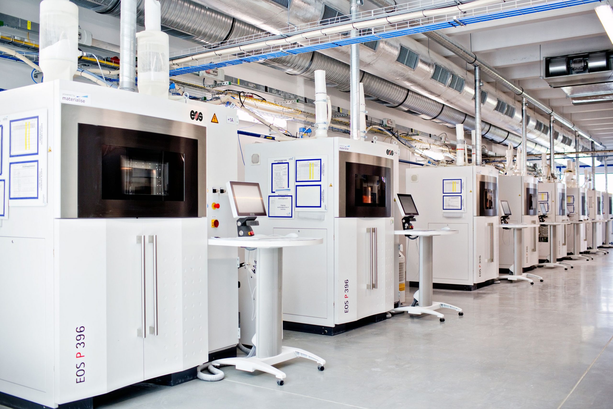 A manufacturing facility filled with EOS polymer 3D printers. Photo via EOS.