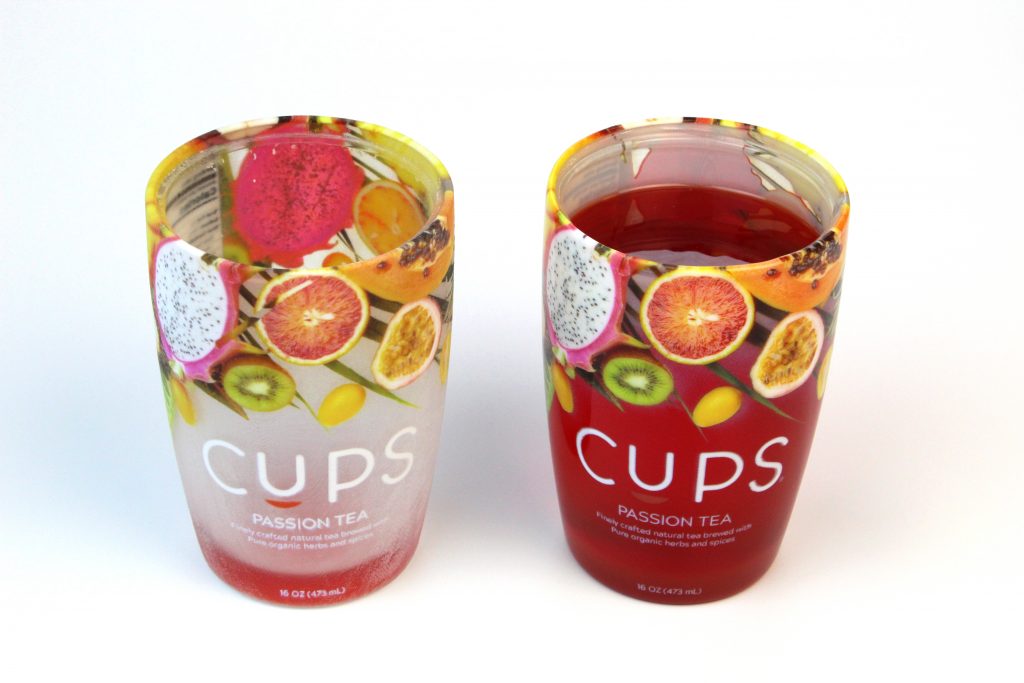 Full-color CUPS packaging 3D printed using PolyJet technology. Photo via Stratasys.