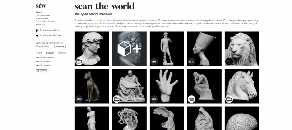 Scan the World now offers over 20,000 free STL files. Image via Scan the World.