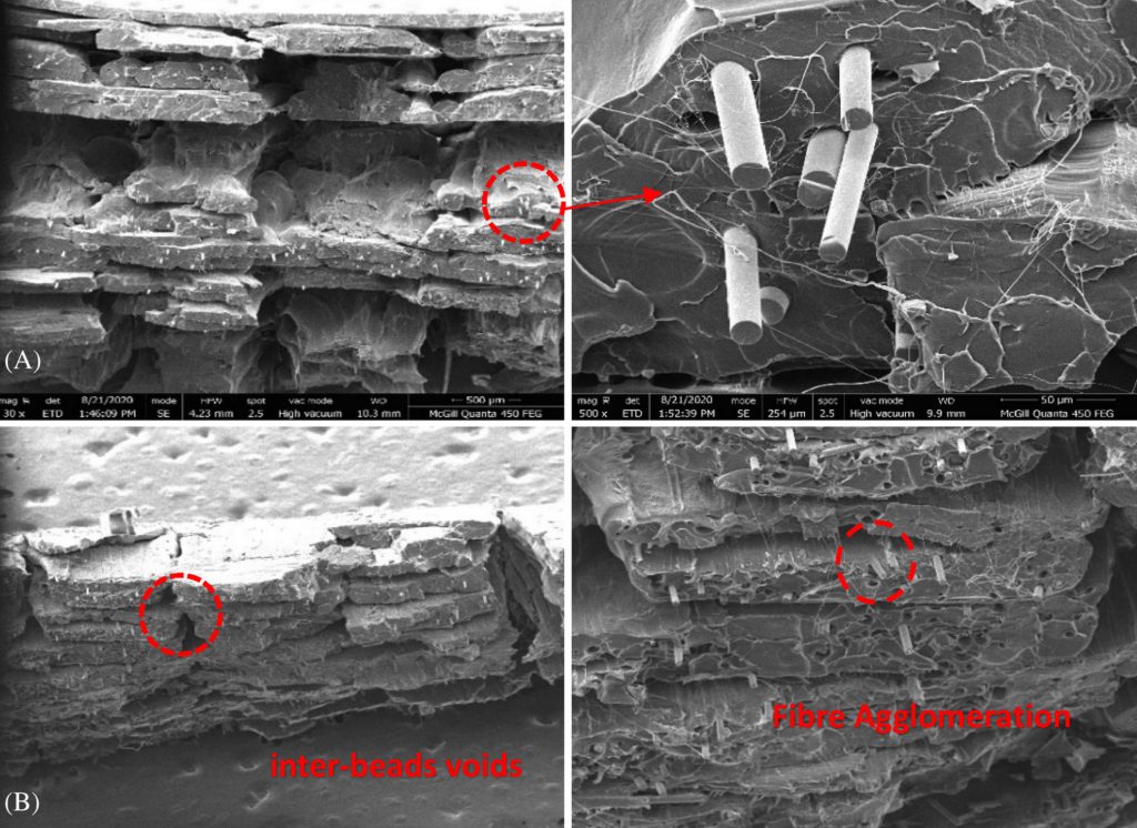 SEM images from the fracture surface of the team's pyrolyzed reinforced test specimen. 