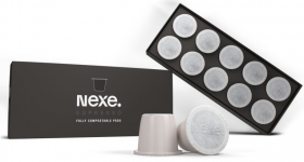 The compostable Nexe Pod is compatible with Nespresso machines. Photo via Nexe Innovations.