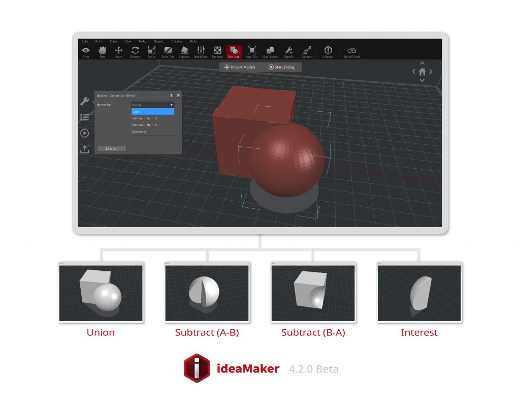 The new Boolean Operations feature enables users to generate intersections, unions, and subtractions of 3D models. Image via Raise3D.