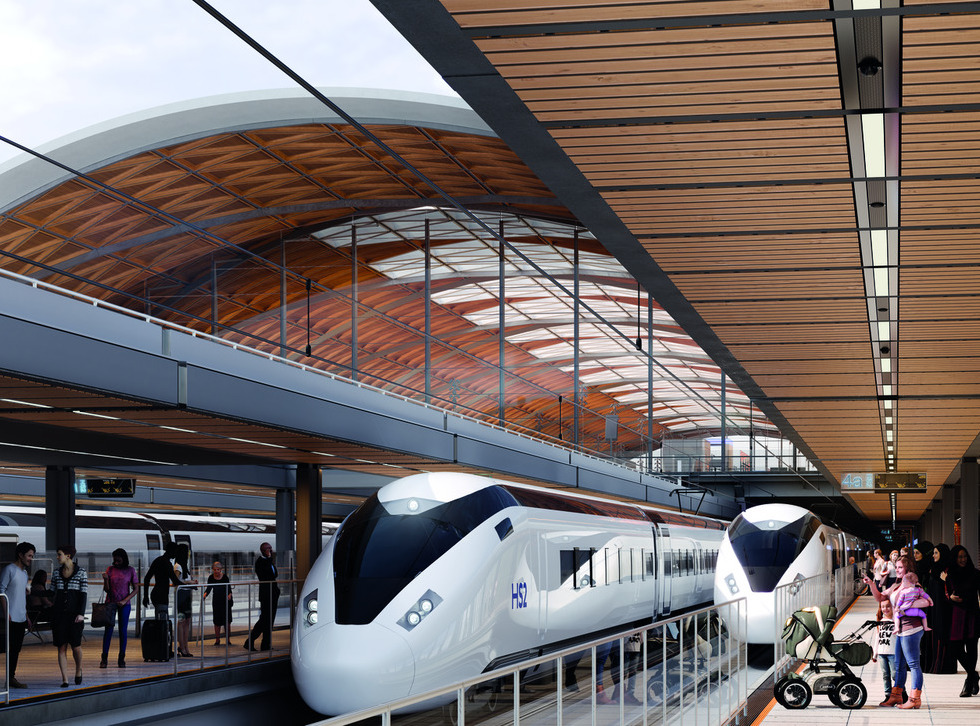 Imagen conceptual de trenes en una estación HS2.