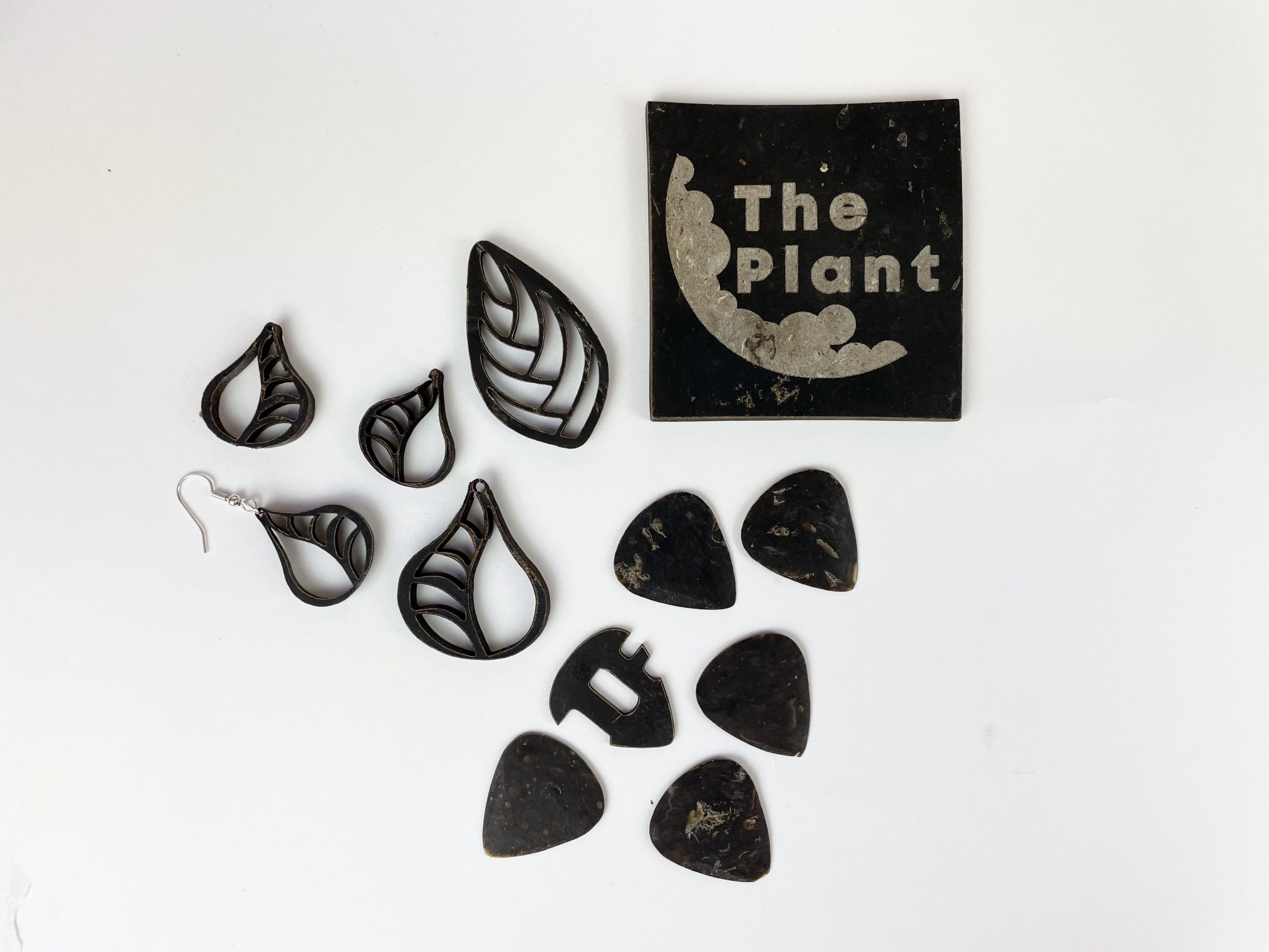 A collection of jewelry, functional guitar picks, and a coaster made from Pyrus wood. Photo via James Dyson Award.