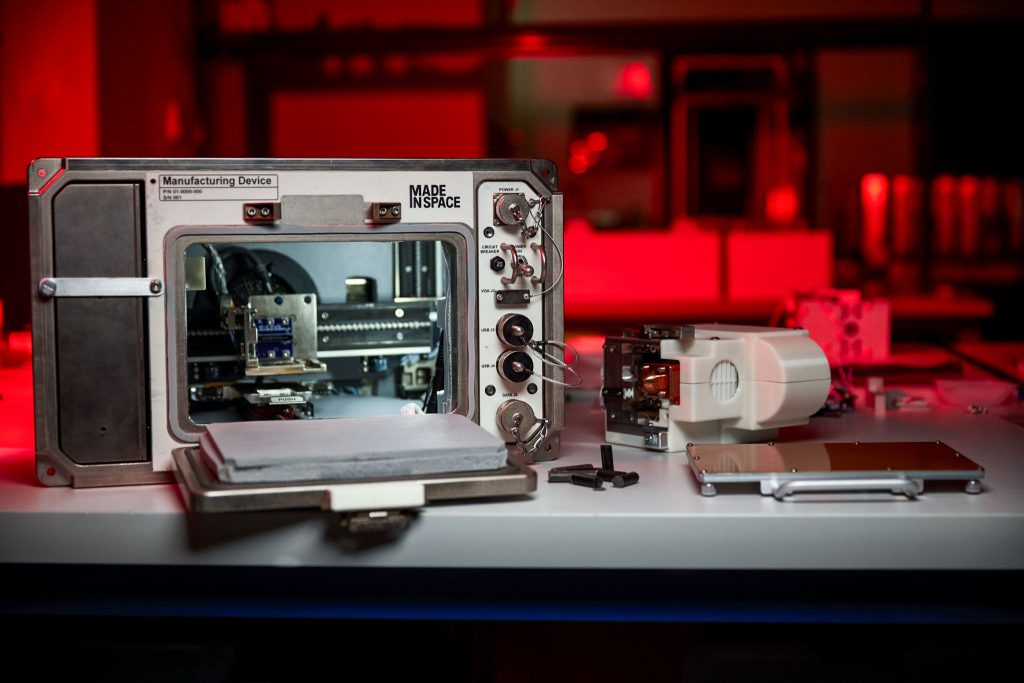 The Redwire Regolith Print Facility Suite, consisting of Redwire's additive manufacturing facility, as well as lunar regolith simulation printheads, plates and feedstock that will be launched to the International Space Station.  Photo via Redwire.