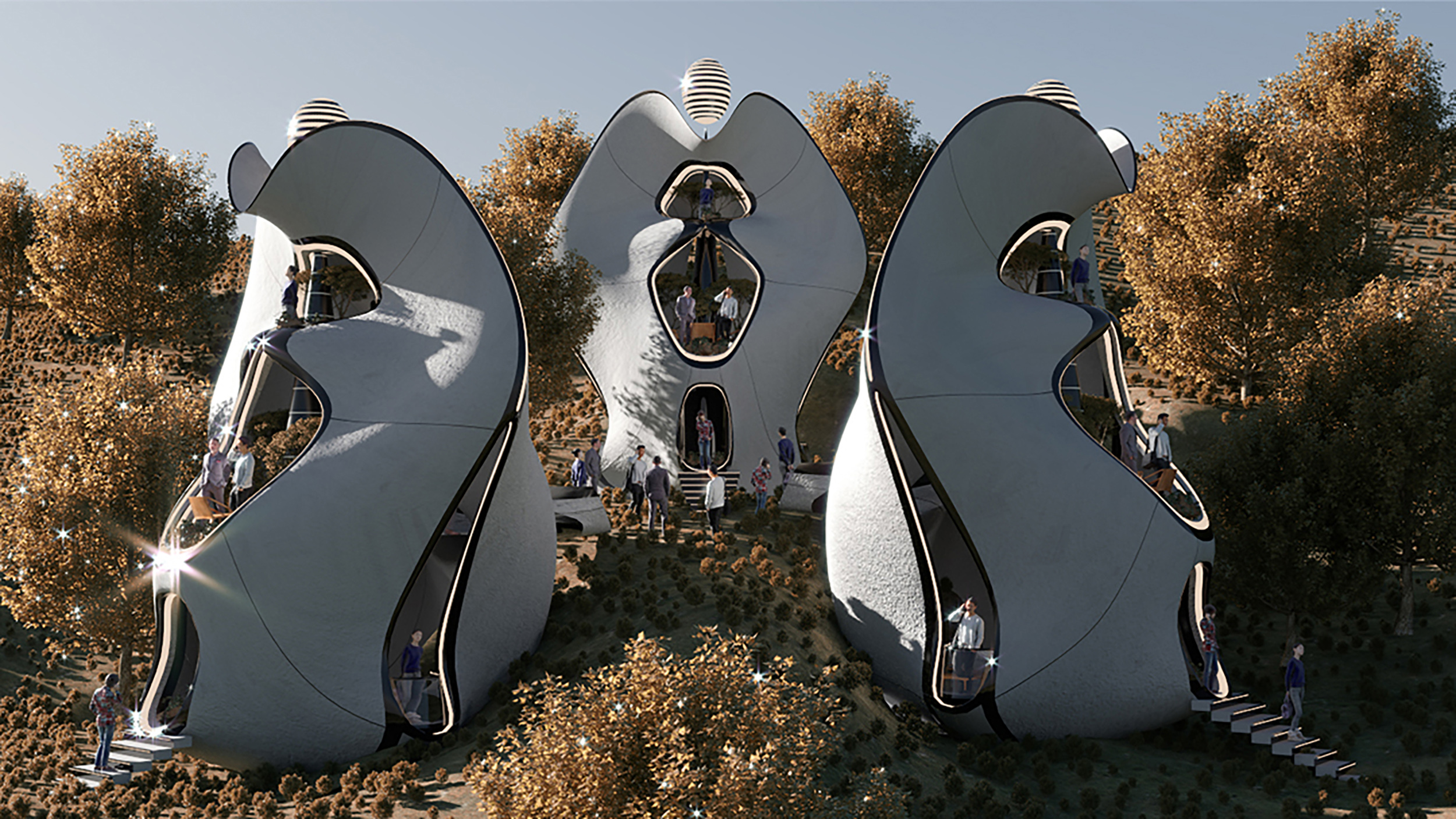Render of the 3D printed houses within the Madre Natura development. Image via MASK Architects.