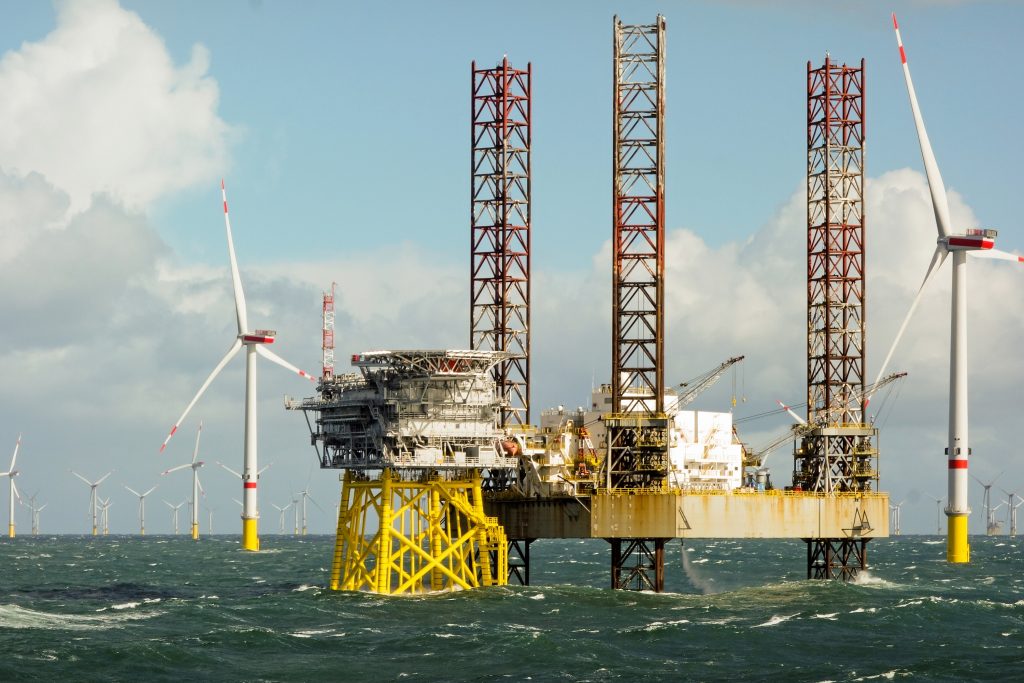 An off-shore wind farm in the North Sea.