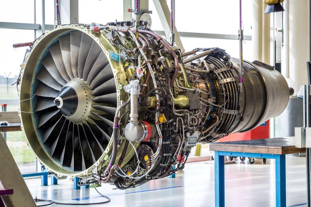 A jet engine undergoing overhaul at an MRO facility. 
