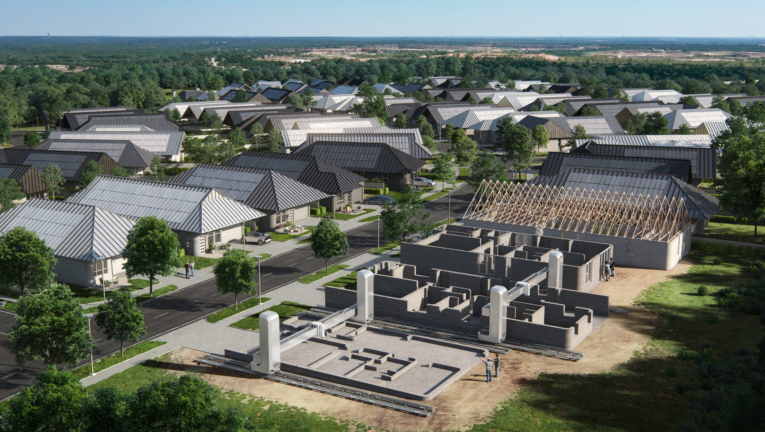 A render of what the 100-home community will look like during construction. Image via ICON.