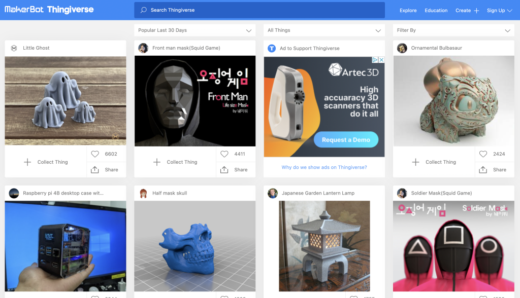 A selection of 3D printable models from Thingiverse's homepage. 