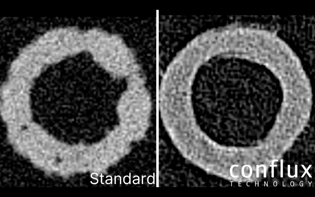 A cross section of two micro tubes – one built using standard parameters, the other using Conflux’s custom parameters.
