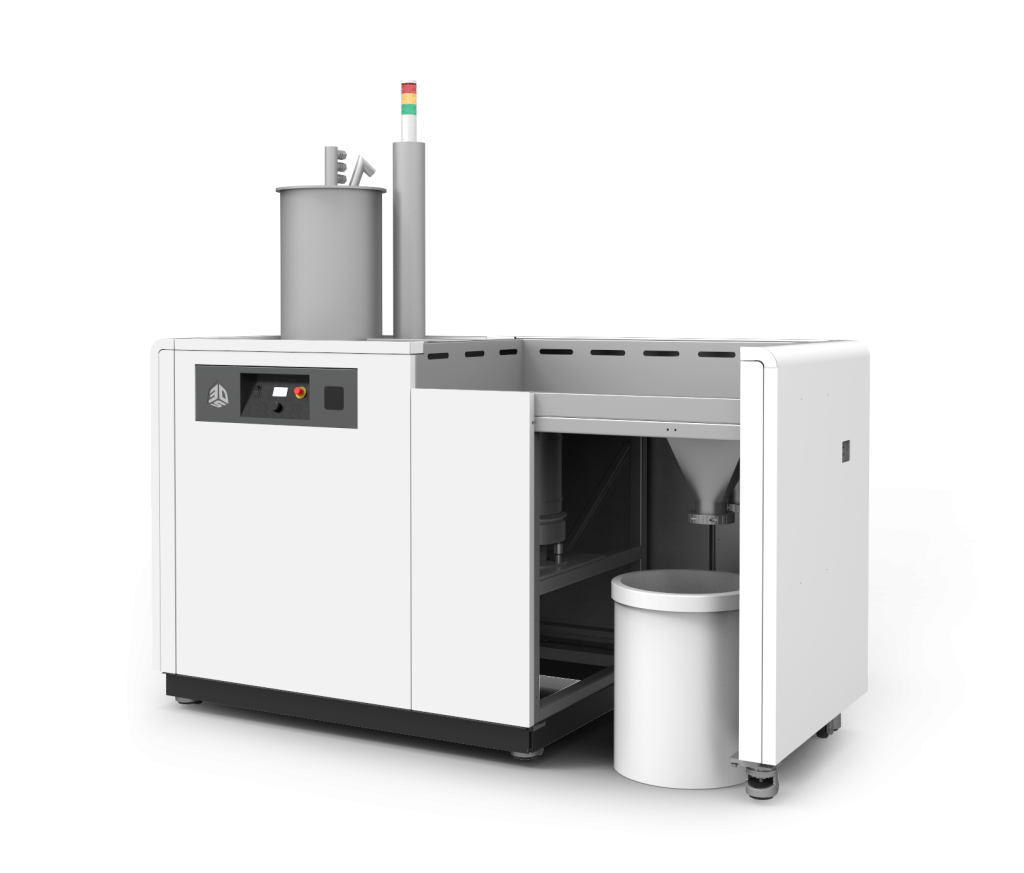 The MQC 600 is optimized to deliver material to up to four printers simultaneously, minimizing material waste and eliminating operator intervention. Photo via 3D Systems.