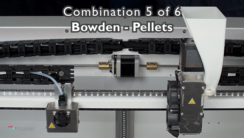 A Bowden extruder being used in conjunction with a Pellet extruder. Photo via Tumaker.