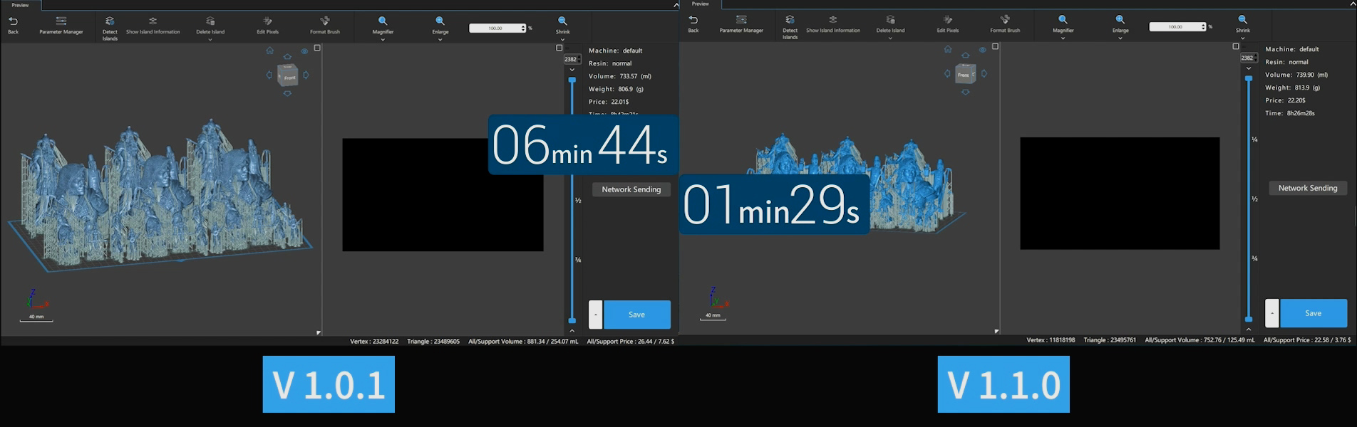 CHITUBOX Pro V1.1.0 offers significantly faster slicing, saving, and island detection speeds. Image via CBD-Tech.
