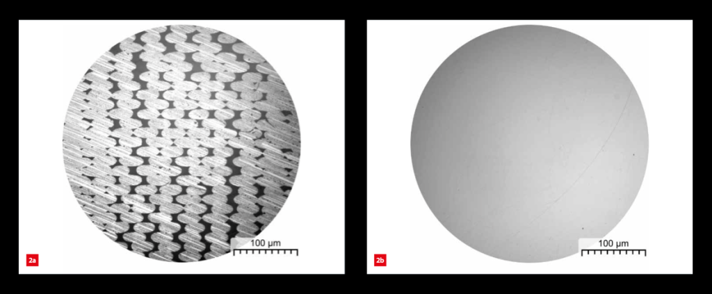 Microstructure of parts 3D printed using conventional FFF (left) vs Bond 3D technology (right). Image via Bond 3D.