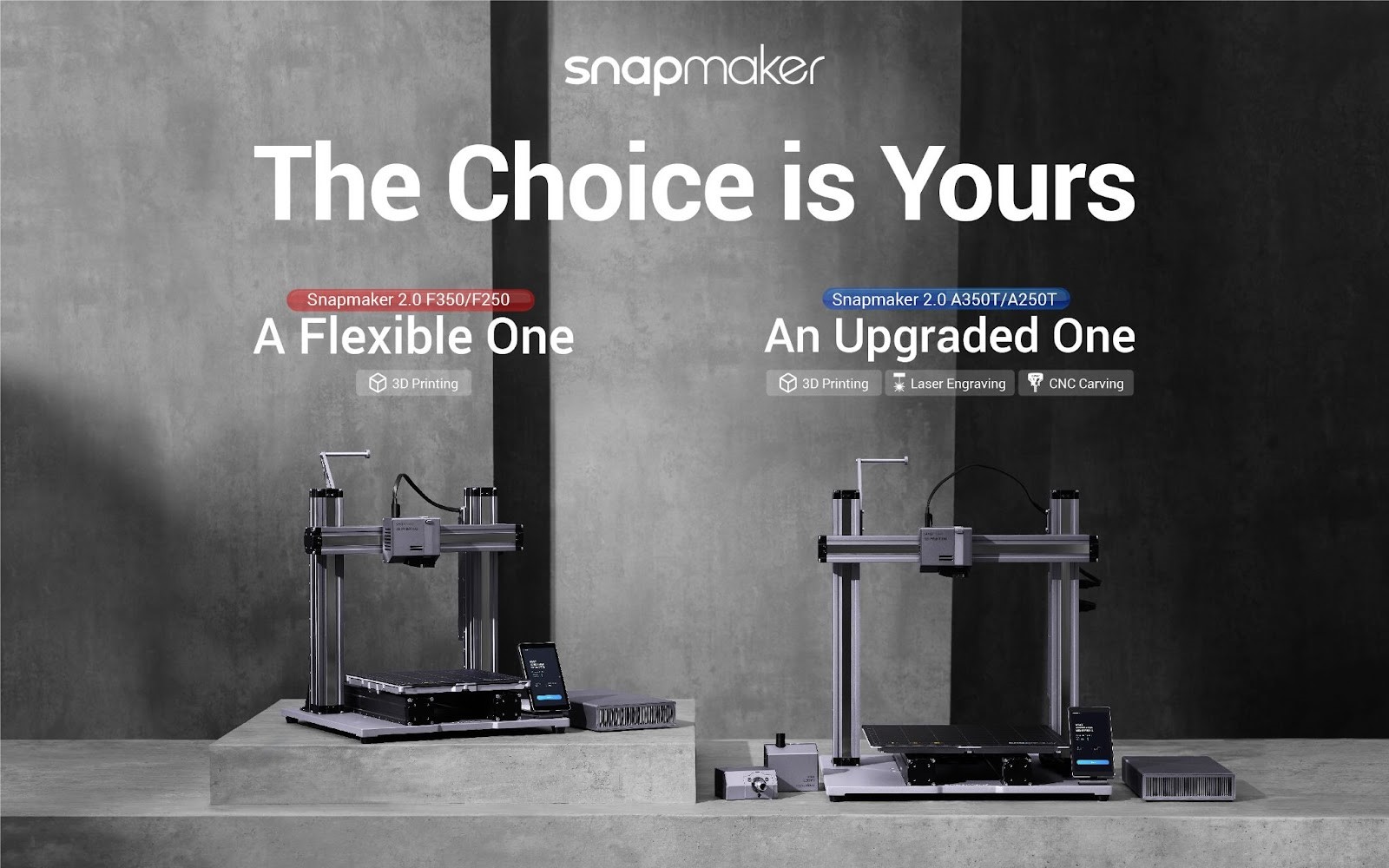 Les nouveaux modèles 2.0 AT et F de Snapmaker.  Image via Snapmaker.