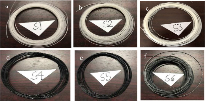 Filament extruded with the mixture of a. PLA and HDPE, b. PLA and HDPE, c. PLA, HDPE, and TiO2, d. recycled plastic, PLA and HDPE, e. recycled plastic, PLA and HDPE, f. recycled plastic, PLA, HDPE, and TiO2. Image via Polymer Testing.