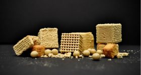 Edible snacks 3D printed using okara. Photo via SUTD.