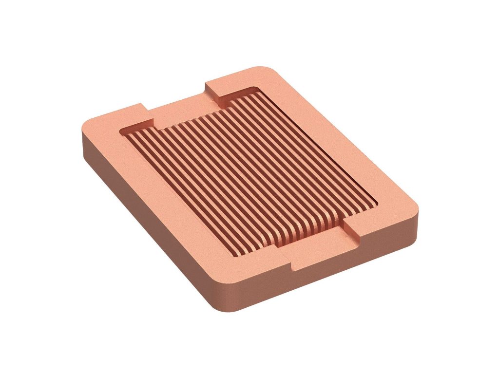 A copper liquid cooling plate that can now be 3D printed using Desktop Metal systems. 