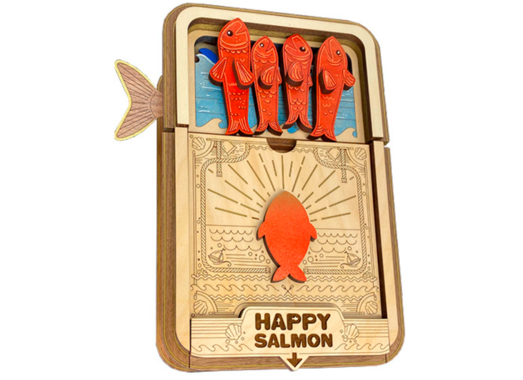 A 3D printed Happy Salmon collectible hardwood box. Photo via Exploding Kittens.