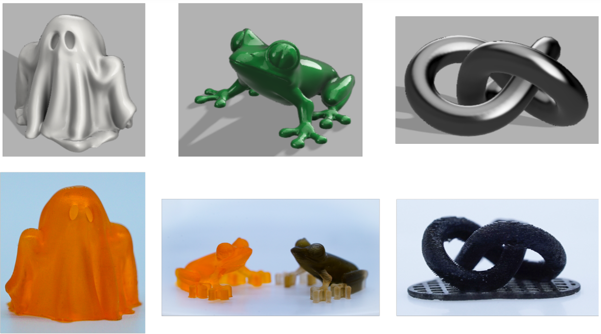 Miscellaneous 3D prints, digital file top, experimental print bottom, using custom resins. Image via University of Texas at Austin.
