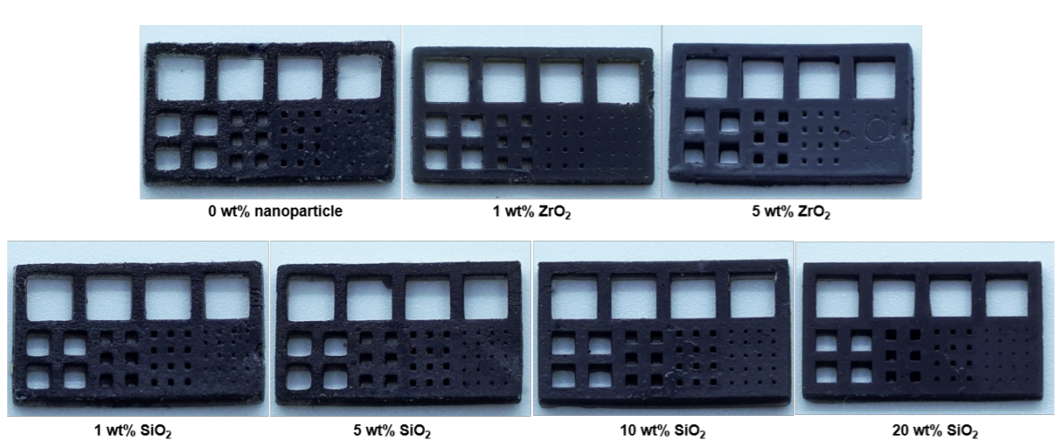 Photographs of square hole prints fabricated with 850 nm NIR light with different composition and loading of nanoparticles. All prints were from the optimized Type II NIR resin containing carbon black. Image via University of Texas at Austin.