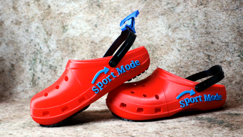 The 3D printed Crocs feature a number of add-ons designed to increase speed and handling. Photo via Austen Hartley.