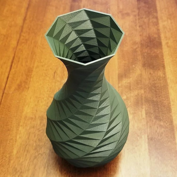 A vase made from 100 percent post-industrial recycled PET-G, in GreenGate3D's Olive Drab. Photo via Carbon Source.