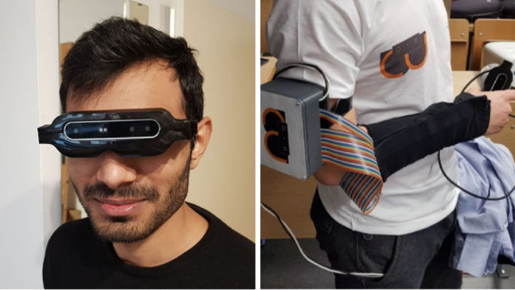 The researchers' 3D-printed infrared glasses and haptic sleeve system. 