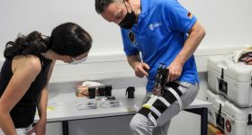 European Space Agency (ESA) astronaut Matthias Maurer demonstrates the Bioprint FirstAid prototype during a training session. Photo via OHB/DLR/ESA.