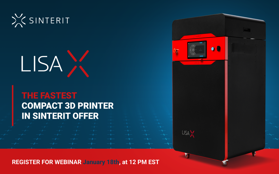An graphic saying that Sinterit’s second Lisa X webinar is scheduled for January 18, 2021.