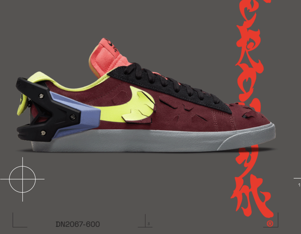 The NIKE X ACRONYM trainer in its standard 'maroon night' configuration. 