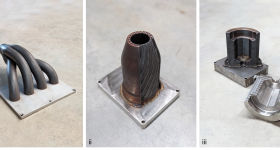 Example components manufactured by Meltio. i) Engine manifold, ii) combustion chamber, iii) glass mold core. Photos via Meltio.
