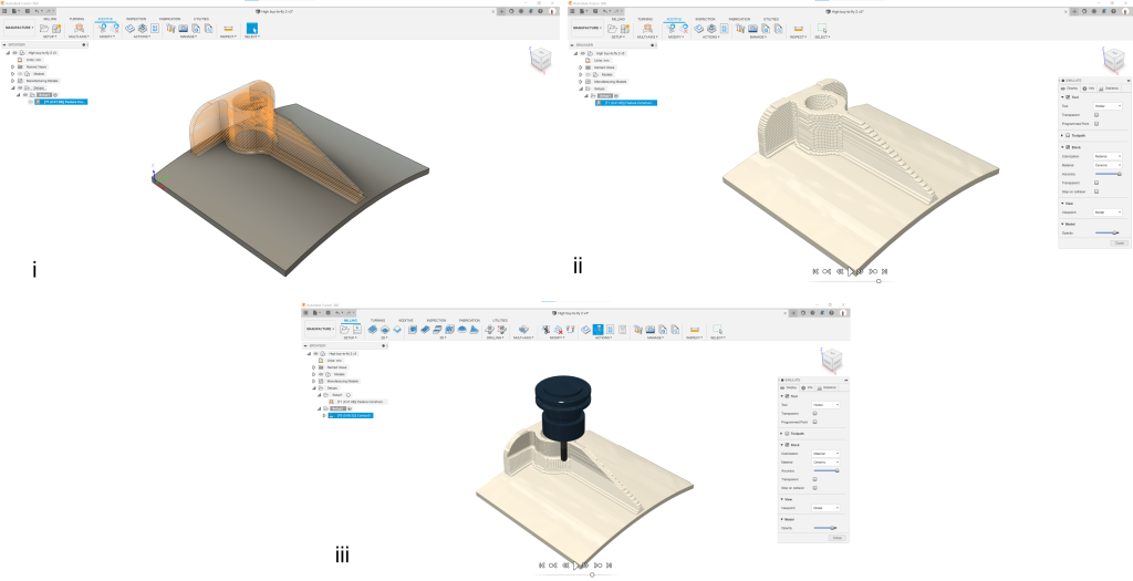 Hybrid manufacturing workflow in Autodesk Fusion 360. i) Deposition toolpath, ii) deposition stock model, iii) milling toolpath simulation. Image via Autodesk.