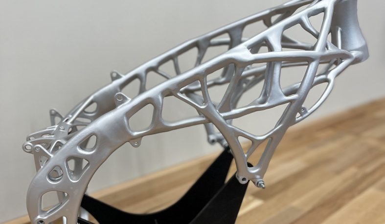 The 3D printed hollow tubular steel trellis motorcycle frame. Photo via Nebrija University.