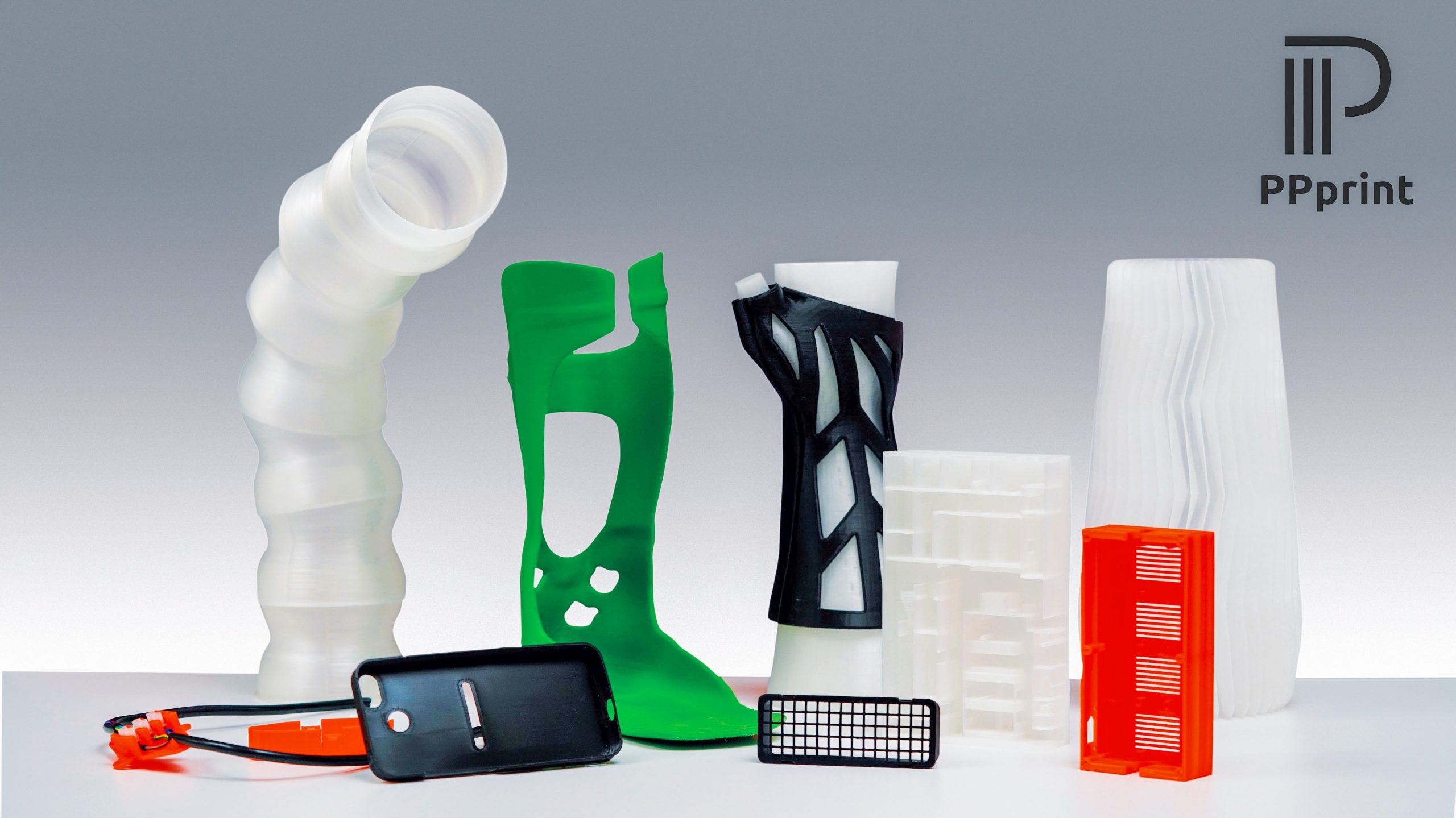 A variety of polypropylene parts 3D printed by PPprint.  Photo via PPrint.
