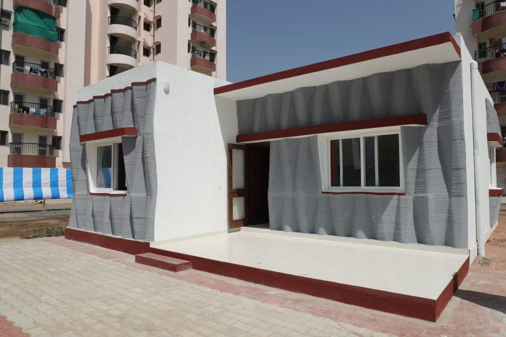 The Indian Army's Military Engineering Services' 3D printed houses. Photo via Asian News International.